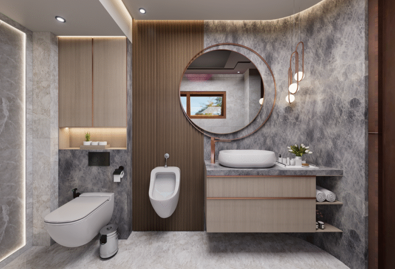 Elegant modern bathroom featuring marble finishes, round mirror, and contemporary fixtures.